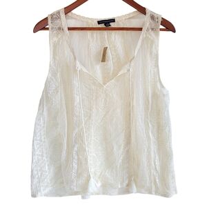 NWT American Eagle Lace Sheer Sleeveless Boho Cream Tank Top W Tassels Womens M